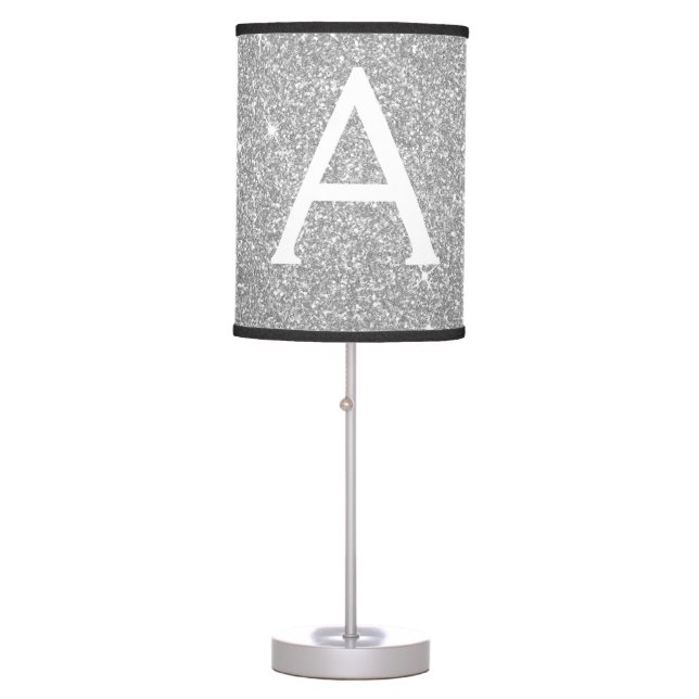 Silver Sparkle Glitter Monogram Name & Initial Table Lamp (Front)