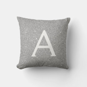 Silver Sparkle Glitter Monogram Name & Initial Throw Pillow