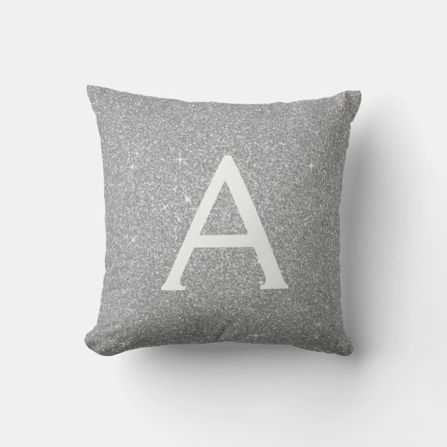 Silver Sparkle Glitter Monogram Name & Initial Throw Pillow (Front)