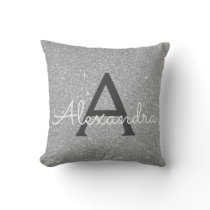 Silver Sparkle Glitter Monogram Name & Initial Throw Pillow