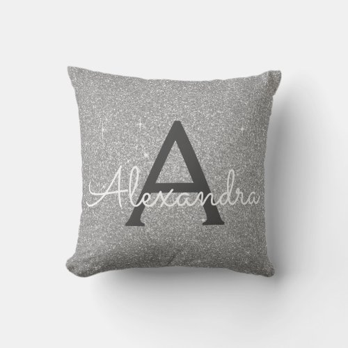 Silver Sparkle Glitter Monogram Name  Initial Throw Pillow