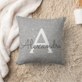 Silver Sparkle Glitter Monogram Name & Initial Throw Pillow (Blanket)
