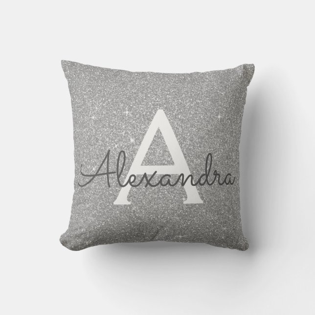 Silver Sparkle Glitter Monogram Name & Initial Throw Pillow (Front)