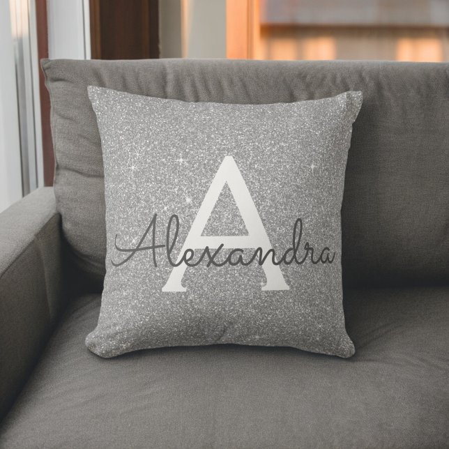 Silver Sparkle Glitter Monogram Name & Initial Throw Pillow (Creator Uploaded)