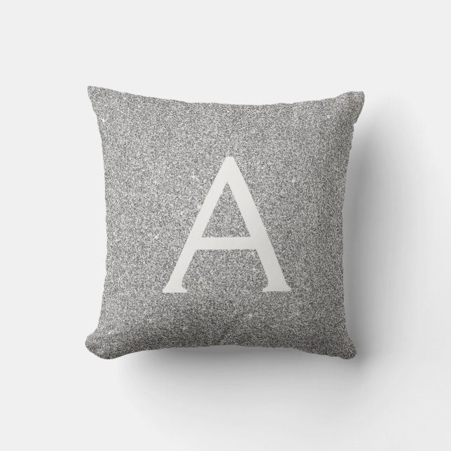 Silver Sparkle Glitter Monogram Name & Initial Throw Pillow (Front)