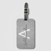 Silver Sparkle Glitter Monogram Name Luggage Tag (Front Vertical)
