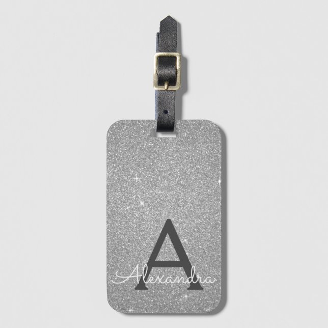 Silver Sparkle Glitter Monogram Name Luggage Tag (Front Vertical)