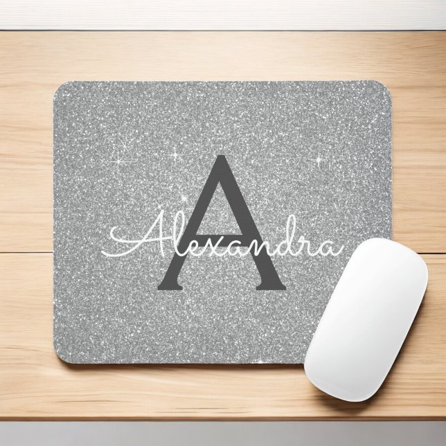 Silver Sparkle Glitter Monogram Name Mousepad (Creator Uploaded)