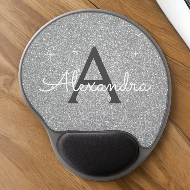 Silver Sparkle Glitter Monogram Name Mousepad (Creator Uploaded)