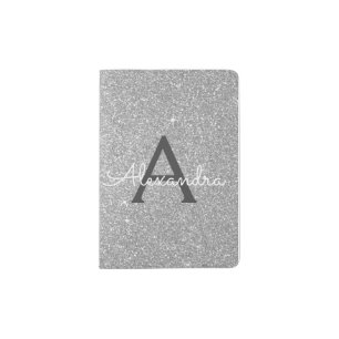 Silver Sparkle Glitter Monogram Name Passport Holder
