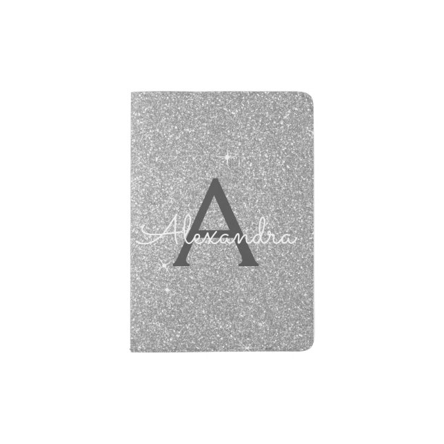 Silver Sparkle Glitter Monogram Name Passport Holder (Front)