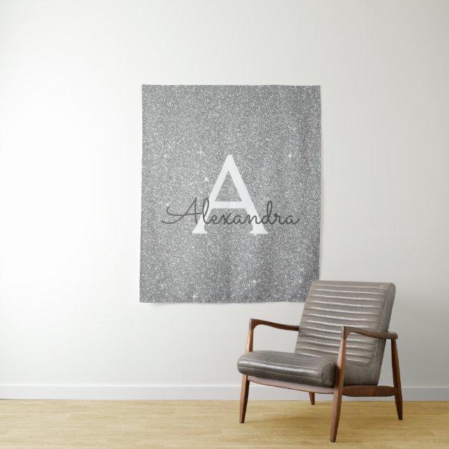 Silver Sparkle Glitter Monogram Tapestry (In Situ)