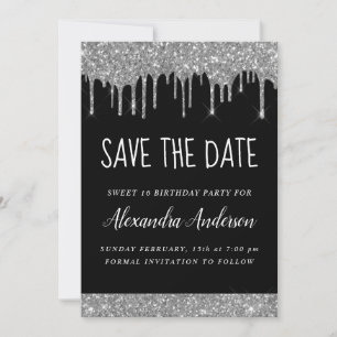 Silver Sparkle Glitter Sweet 16 Save the Date Invitation