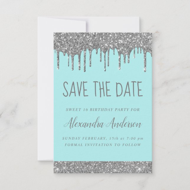 Silver Sparkle Glitter Sweet 16 Save the Date Invitation (Front)