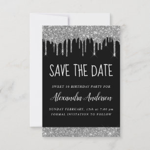 Silver Sparkle Glitter Sweet 16 Save the Date Invitation