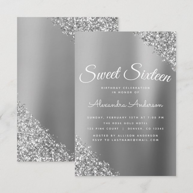 Silver Sparkle Glitter Sweet Sixteen Birthday Invitation (Front/Back)