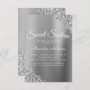 Silver Sparkle Glitter Sweet Sixteen Birthday Invitation