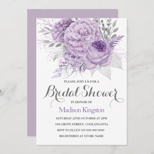 Silver Sparkle Lavender Bridal Shower Invite (Front/Back)