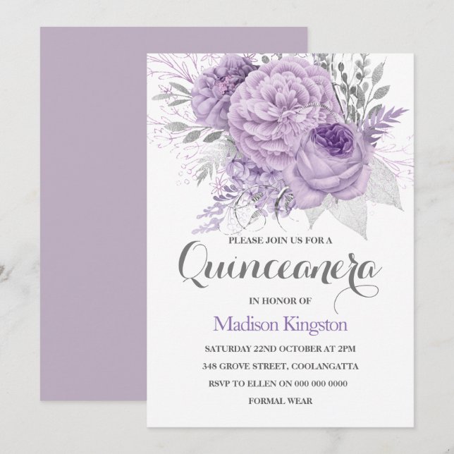 Silver Sparkle Lavender Quinceanera Party Invite (Front/Back)