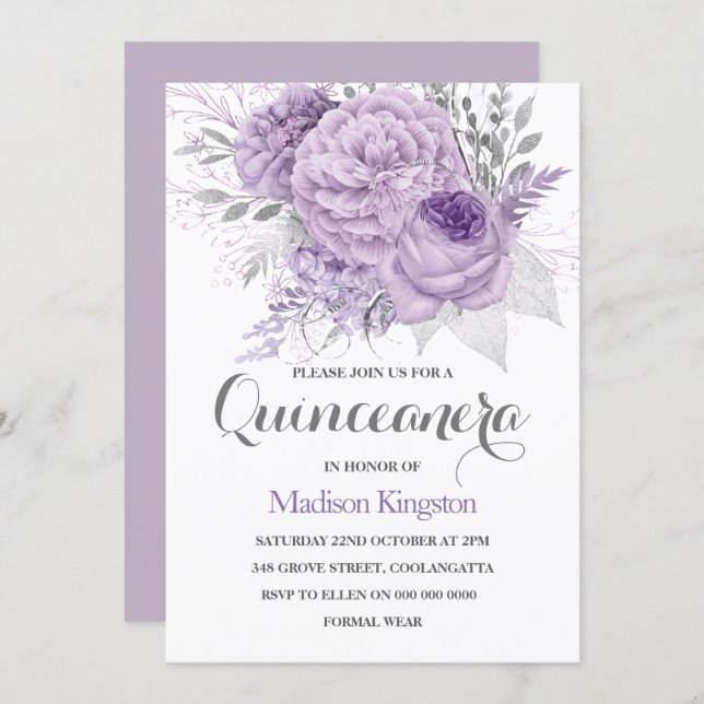 Silver Sparkle Lavender Quinceanera Party Invite (Front/Back)