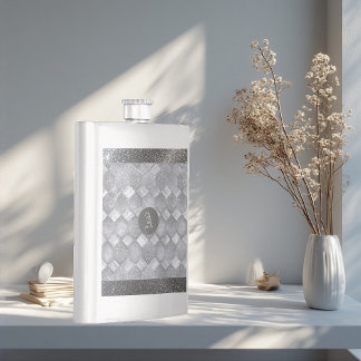 Silver Sparkle Luxury Topography Metallic Monogram Flask