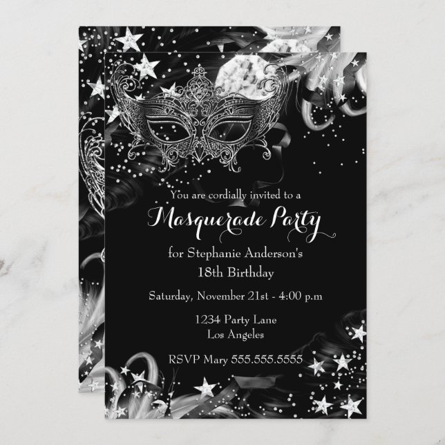 Silver Sparkle Magical Night Masquerade Invitation (Front/Back)