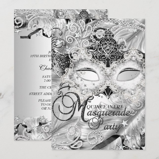 Silver Sparkle Mask Masquerade Quinceanera Invitation (Front/Back)