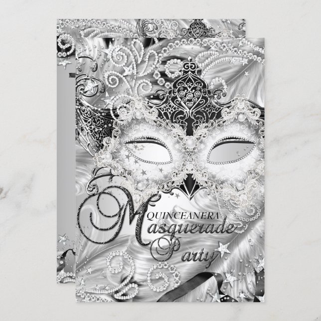 Silver Sparkle Mask Masquerade Quinceanera Invitation (Front/Back)