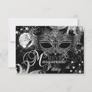 Silver Sparkle Mask Star Night Masquerade RSVP Card