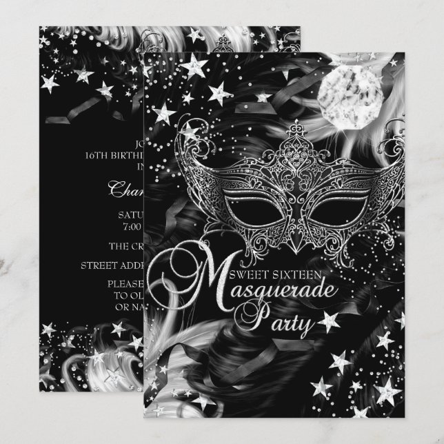 Silver Sparkle Mask Star Night Masquerade Sweet 16 Invitation (Front/Back)