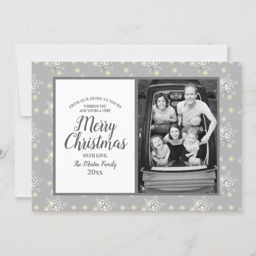 Silver Sparkle Merry Christmas Photo Greeting Holiday Card - Pretty wintry snowflake design theme photo template greeting card.