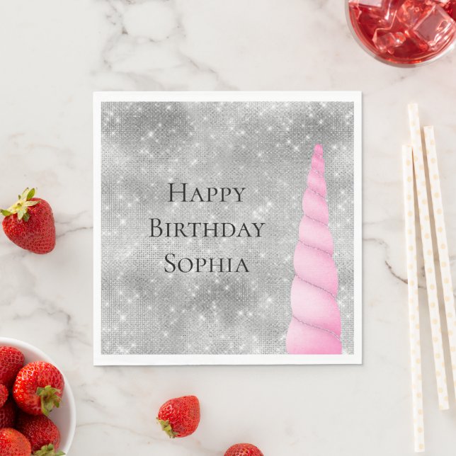 Silver Sparkle Pink Glam Unicorn Birthday Napkins (Insitu)