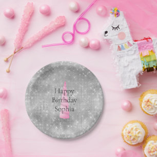 Silver Sparkle Pink Glam Unicorn Birthday Paper Plates