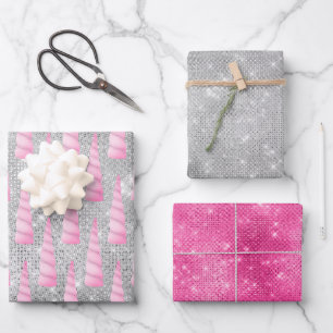 Silver Sparkle Pink Glam Unicorn Birthday Wrapping Paper Sheets