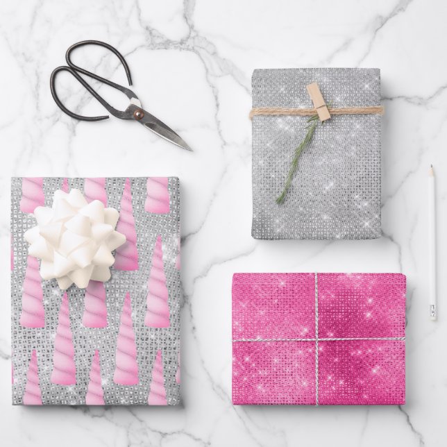 Silver Sparkle Pink Glam Unicorn Birthday Wrapping Paper Sheets (Front)