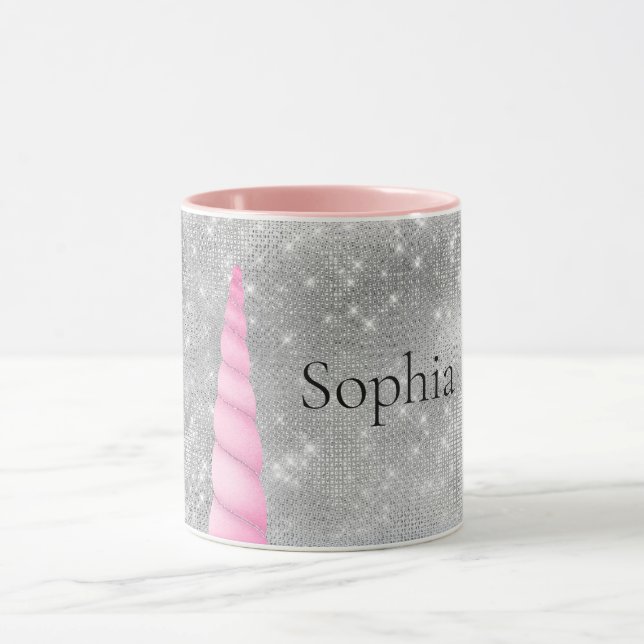 Silver Sparkle Pink Glam Unicorn personalized Mug (Center)