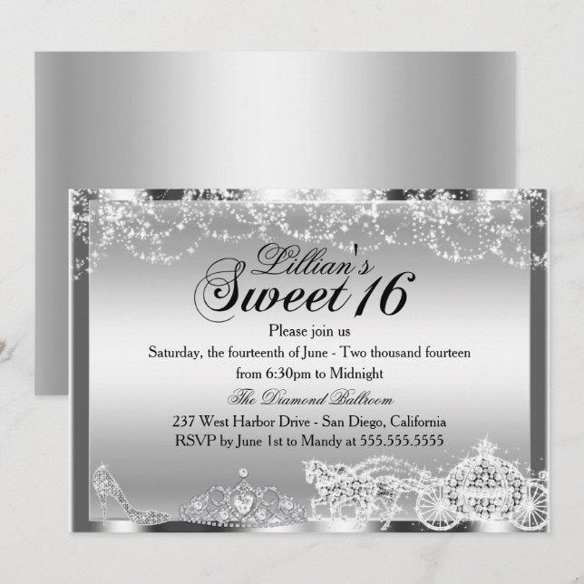 Silver Sparkle Princess Theme Sweet 16 Invite (Front/Back)