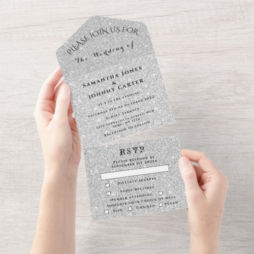 Silver Sparkle RSVP Elegant Modern Wedding All In  All In One Invitation