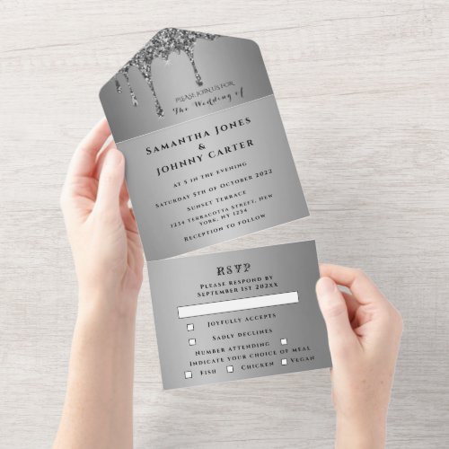 Silver Sparkle RSVP Elegant Modern Wedding All In One Invitation