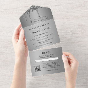 Silver Sparkle RSVP Elegant Modern Wedding All In One Invitation