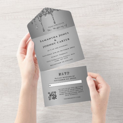 Silver Sparkle RSVP Elegant Modern Wedding All In One Invitation