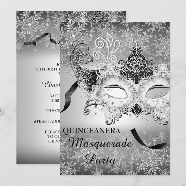 Silver Sparkle Snowflake Masquerade Quinceanera Invitation (Front/Back)
