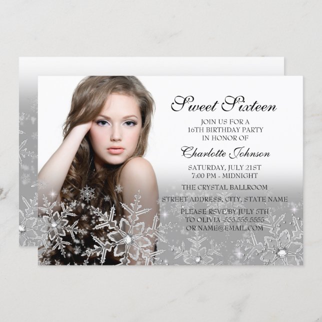 Silver Sparkle Snowflake Photo Sweet 16 Invitation (Front/Back)