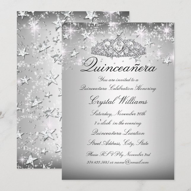 Silver Sparkle Tiara Stars Quinceanera Invite (Front/Back)