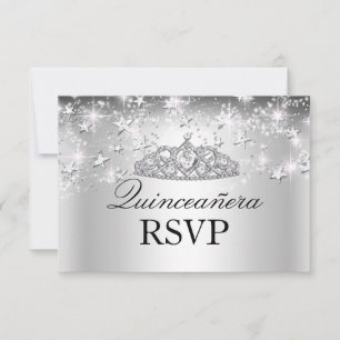 Silver Sparkle Tiara & Stars Quinceanera RSVP Card