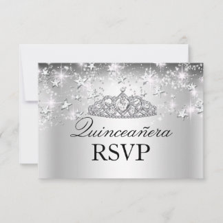 Silver Sparkle Tiara & Stars Quinceanera RSVP Card