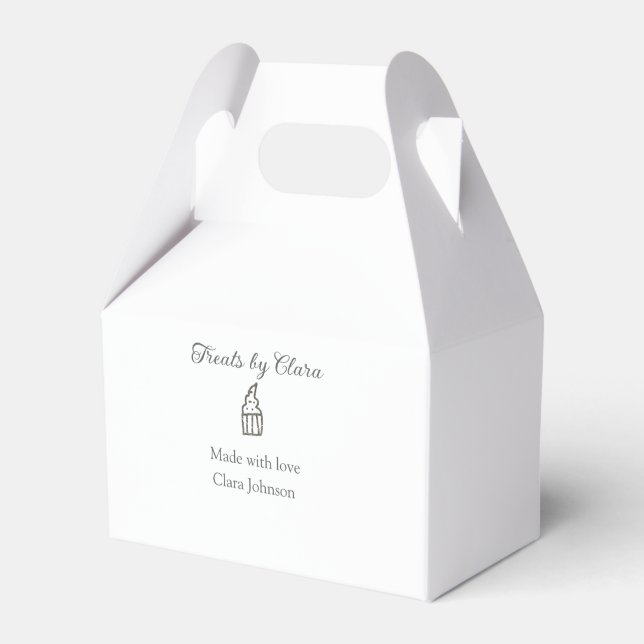 Silver sparkle treats bakery made with love name favor boxes (Front Side)