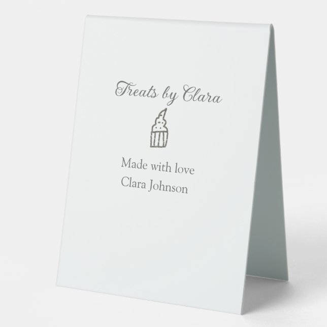 Silver sparkle treats bakery made with love name table tent (Front)