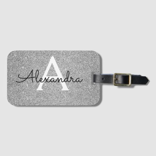 Silver Sparkle Twinkle Glitter Monogram Name Luggage Tag