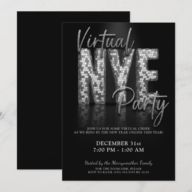 Silver Sparkle Virtual New Years Eve Party Invitation (Front/Back)